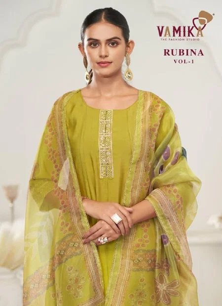 Rubina Vol 1 By Vamika Viscose Roman Silk Work Kurti With Pant And Dupatta Bulk Orders In India